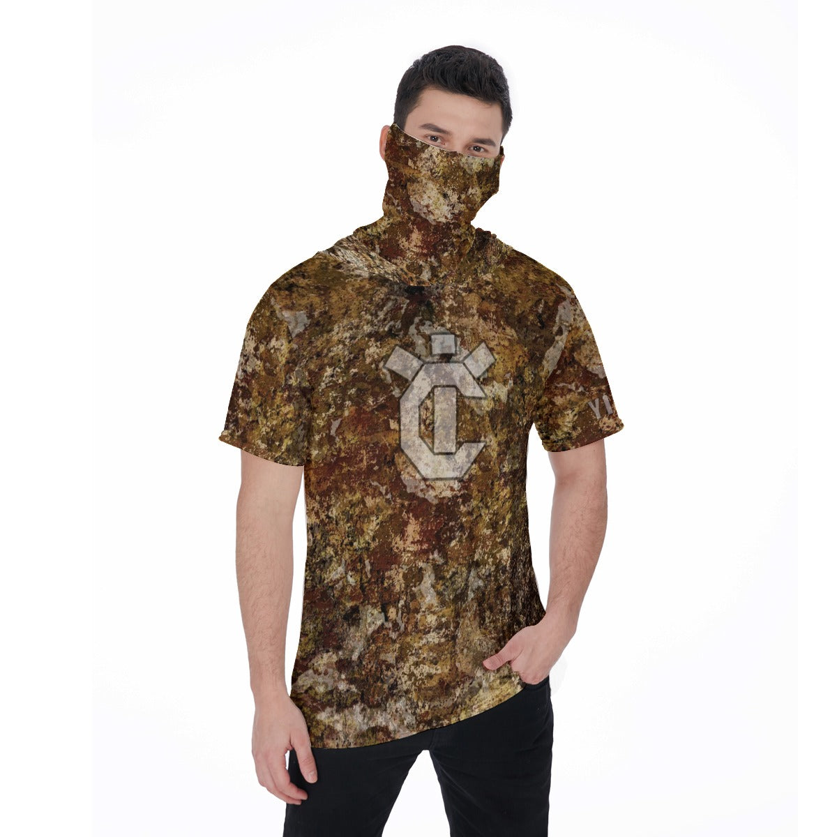 Men&#39;s Hooded T&#39;s with Built-in Mask -Forest Camo