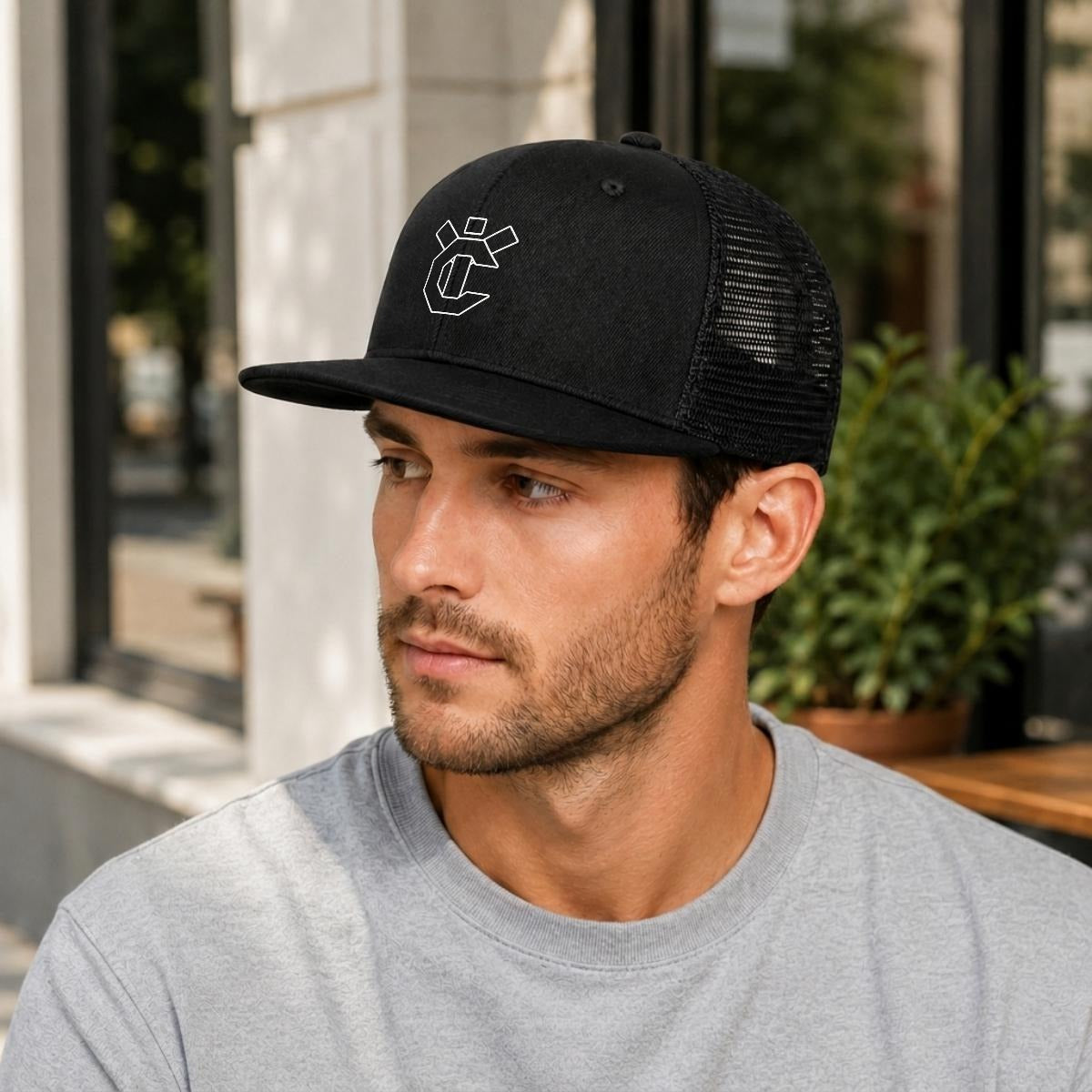 Embroidery Flat-Brim Mesh Cap